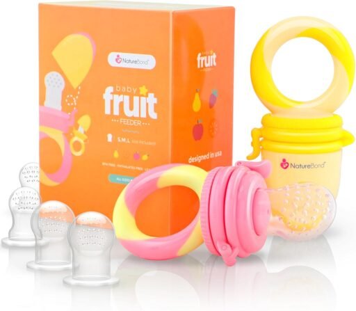  Chupete fruta bebe de NatureBond (2 piezas), mordedores bebes | Además incluye bolsitas de silicona de todos los tamaños (Rosa y amarilla)