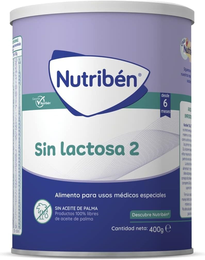 Nutribén Sin Lactosa 2 - Leche en Polvo Bebé Sin Lactosa para Bebés Intolerantes a la Lactosa a partir de los 6 Meses | Sin Aceite de Palma | Con cacito Dosificador Incluido | 1 Bote de 400g