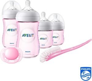 Philips Avent SCD301:03 - Set de recién nacido gama natural, 4 biberones, chupete y escobilla, color Rosa