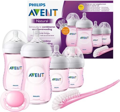 Philips Avent SCD301:03 - Set de recién nacido gama natural, 4 biberones, chupete y escobilla, rosa